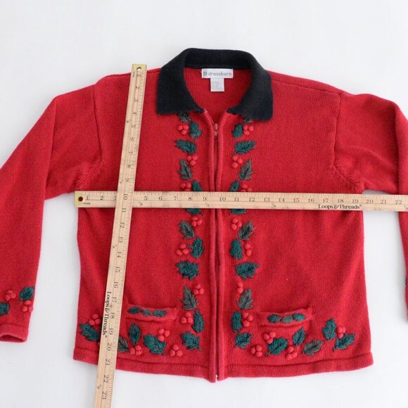 Vintage Dress Barn Christmas Holly Knit Zip Up Cardigan Sweater XL - Picture 4 of 10